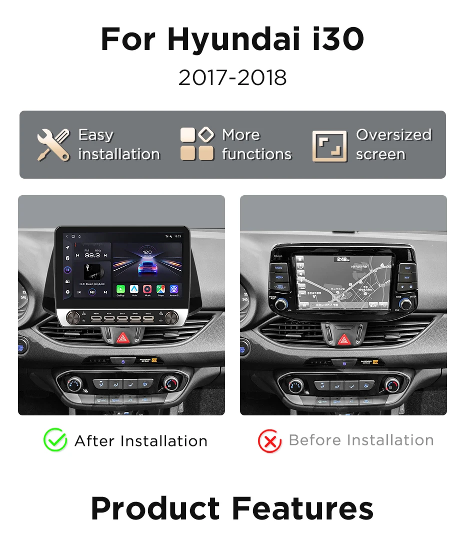 Junsun 10,1-Zoll-Autoradio für Hyundai I30 2017 2018, kabelloses CarPlay, Android Auto, intelligente Systeme, IPS-Touchscreen mit physischen Tasten, DSP, GPS-Navigation, WLAN, DAB+, RDS, FM/RAM, BT, SWC, Plug-and-Play, 2DIN-Multimedia-Player. – Detail 4