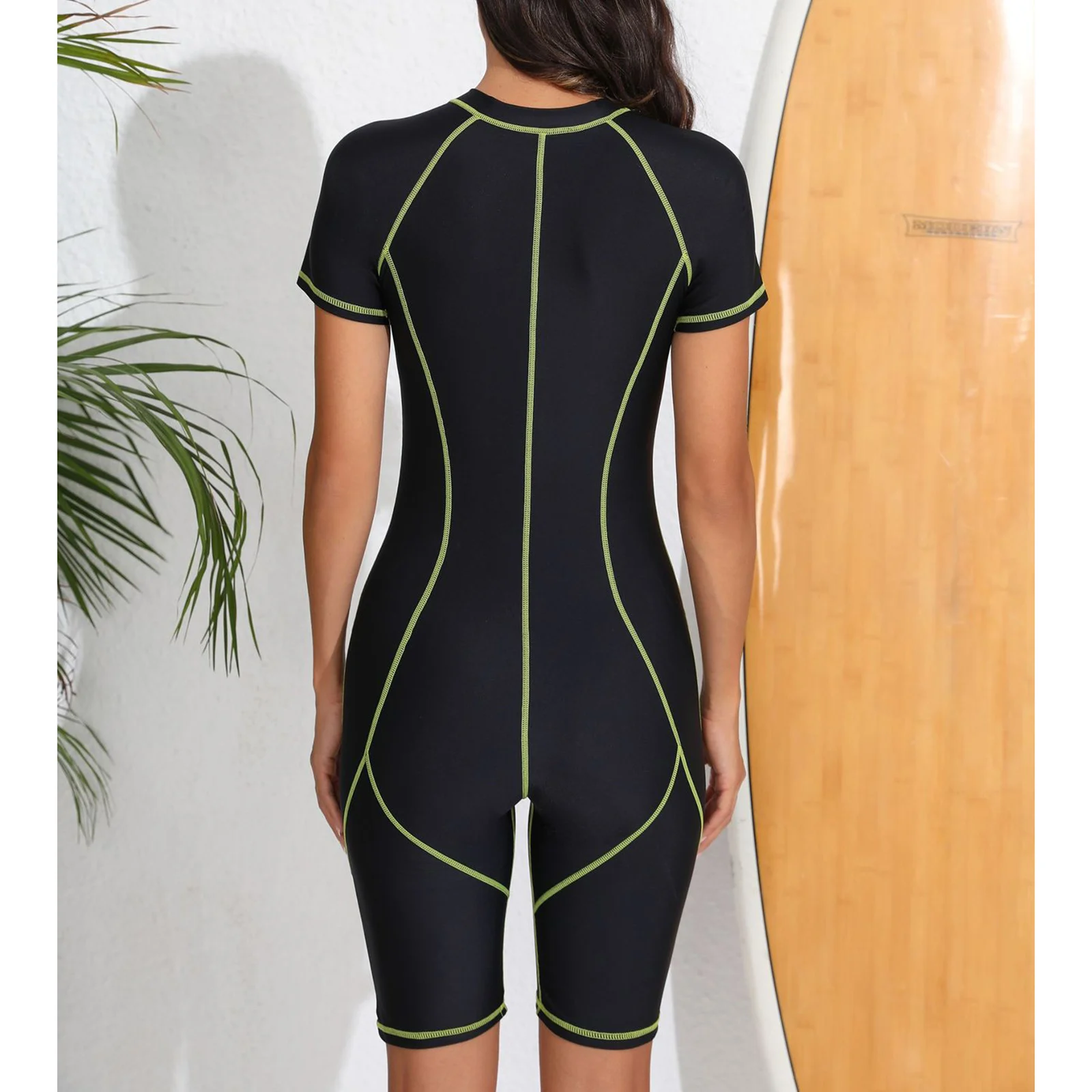 Women One-piece Boyleg Athletic Swimsuit Short Sleeve Color Contrast Padded Front Zipper Swimwear Beach Surfing Suit Rash Guard