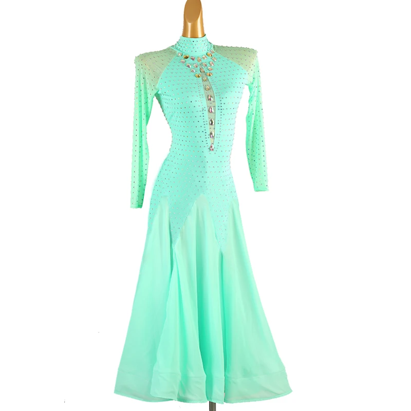 Competition Clothing Ballroom Dancing Backless Women's Ballroom Dresses Long Sleeves Light Green Rhinestones High Neckline Dress