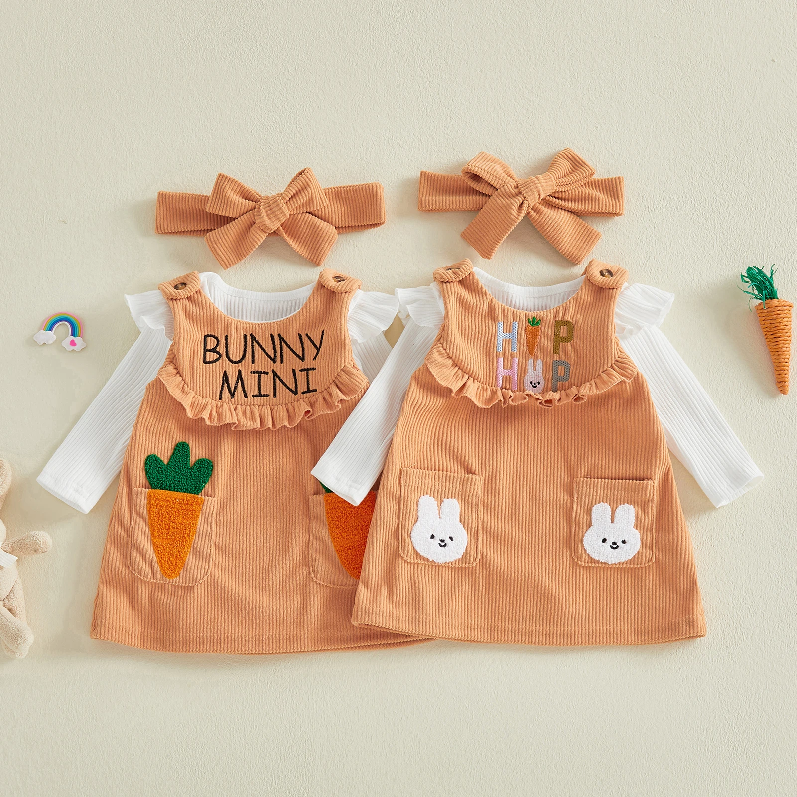 

Пасхальный комплект из 3 предметов для маленьких девочек, комбинезон с рюшами, длинными рукавами и круглым вырезом, комбинезон с вышивкой в ​​виде кролика, платье и повязка на голову, комплект для детей 0-18 месяцев