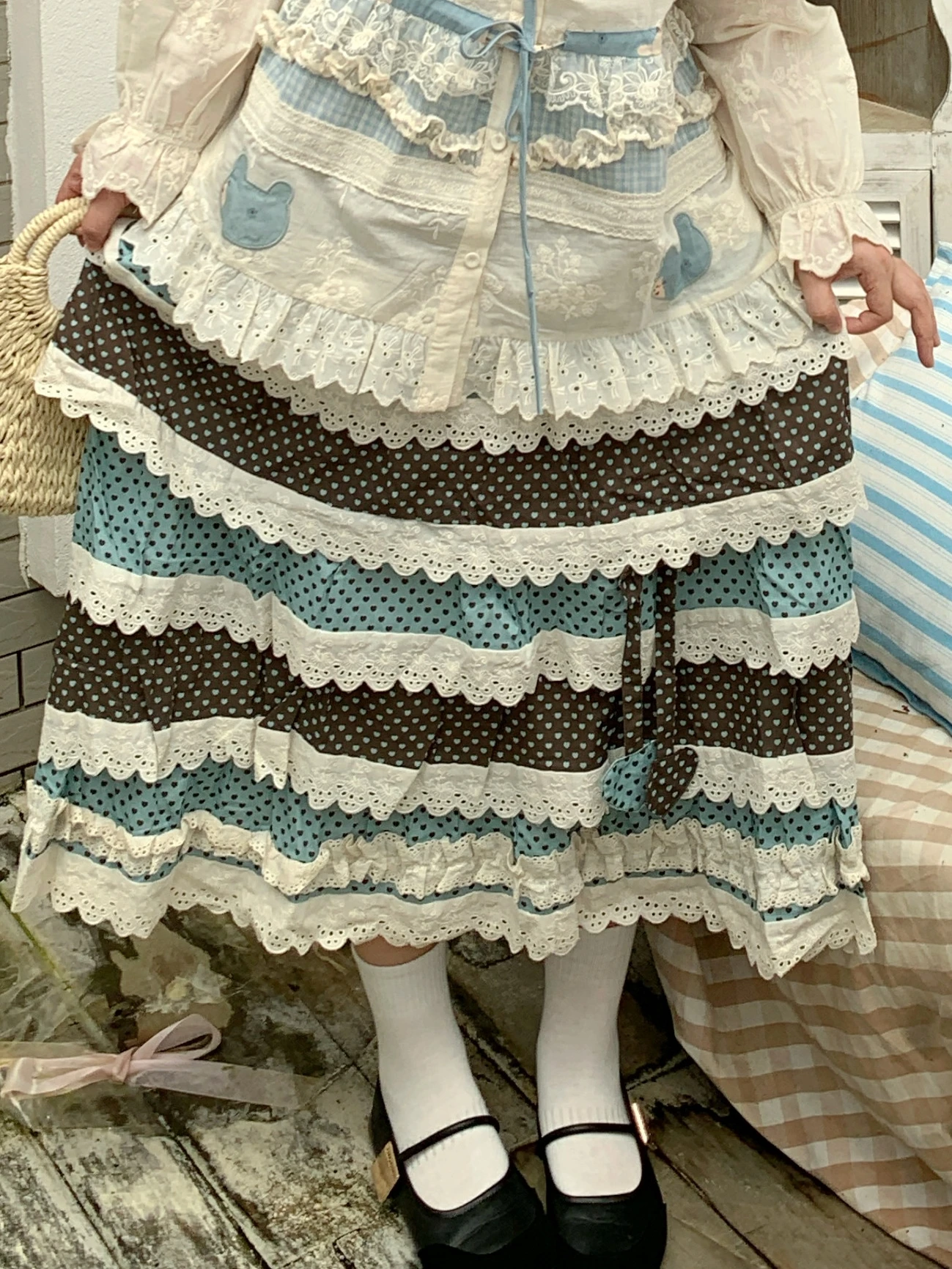 Female Cotton Heart Pattern Lace Mori Girl Y2k Aesthetics Midi Skirt 2026 Vintage Korean Harajuku Sweet Lolita Kawaii Long Skirt