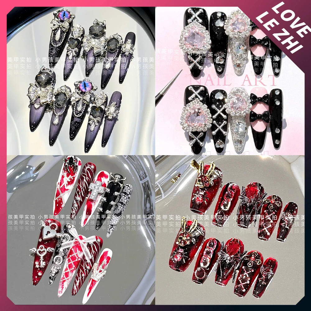 

Y2K Spice Girl Luxury Court Handmade Long Stiletto Press On Nails Shining Diamond Cat Eyes Metal Butterfly Bow Flower Fake Nails