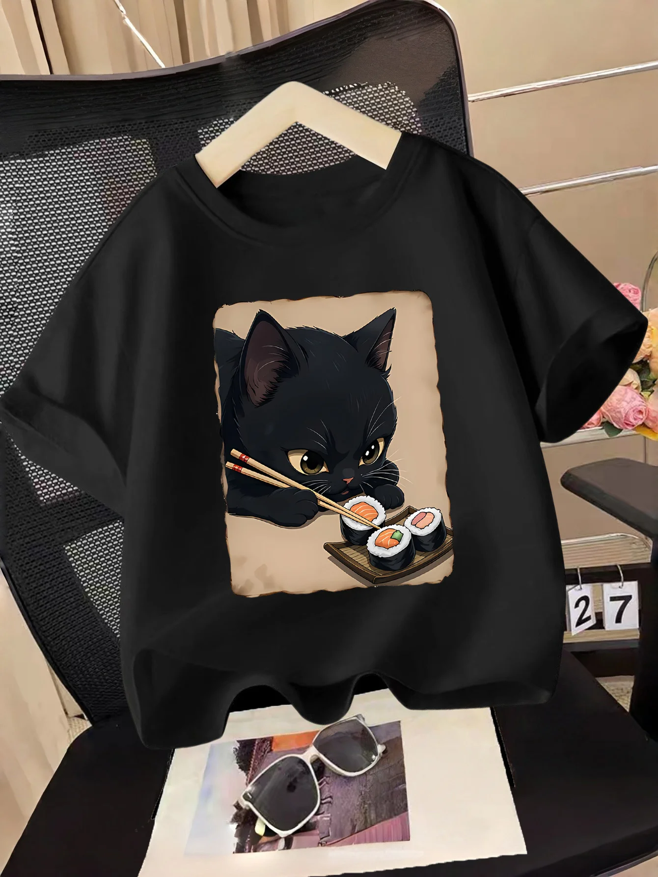 Cute Black Cat Sushi Cartoon Animal Vintage Frame Graphic Print T Shirt Family Matching Boys Girls Kids Short Sleeve Daily Tees
