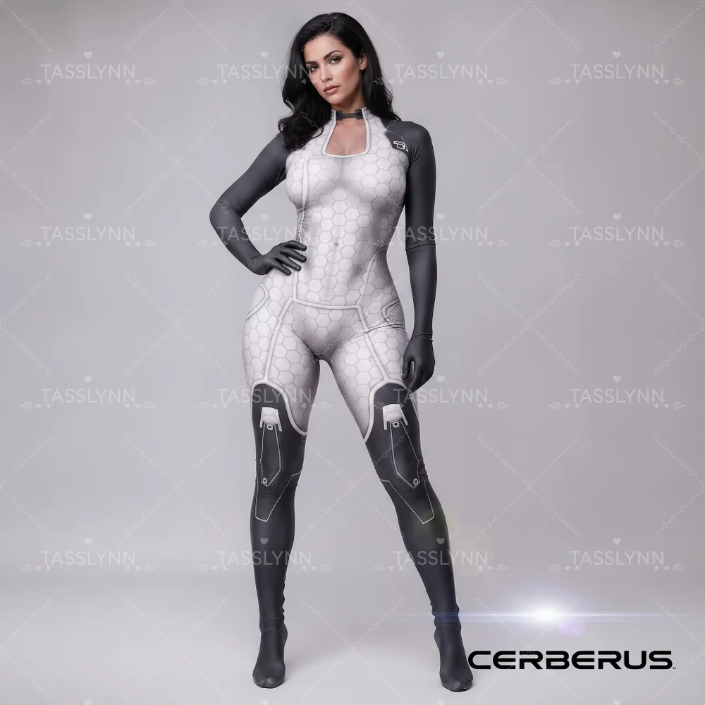 Image of Miranda Lawson Cosplay Zentai Bodysuit 3D-Druck Weiß Schwarz Sci-Fi Ganzkörper-Jumpsuit Halloween Spiel Cosplay Kostüm