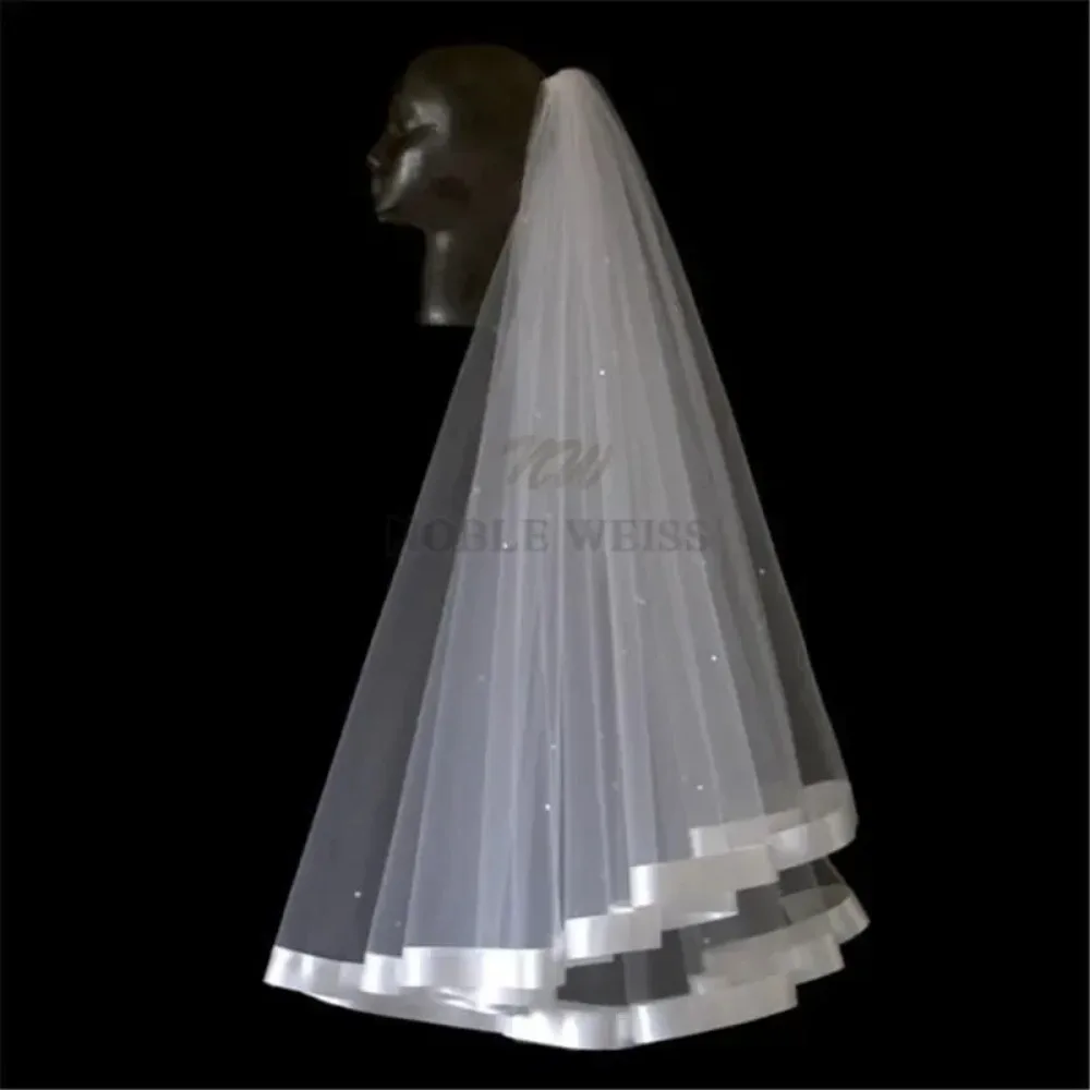 2T Short Pearl Wedding Veil Ribbon Edge Bridal Veils With Comb Customized
