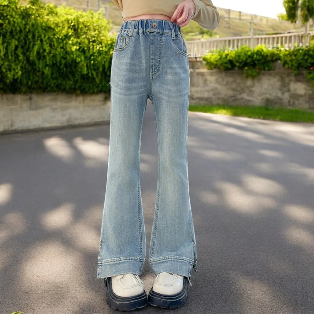 

Джинсы для молодых девушек, детские светло-голубые повседневные брюки, детские широкие брюки для подростков, школьные детские брюки, осень-весна 5, 7, 8, 9, 12, 13 лет