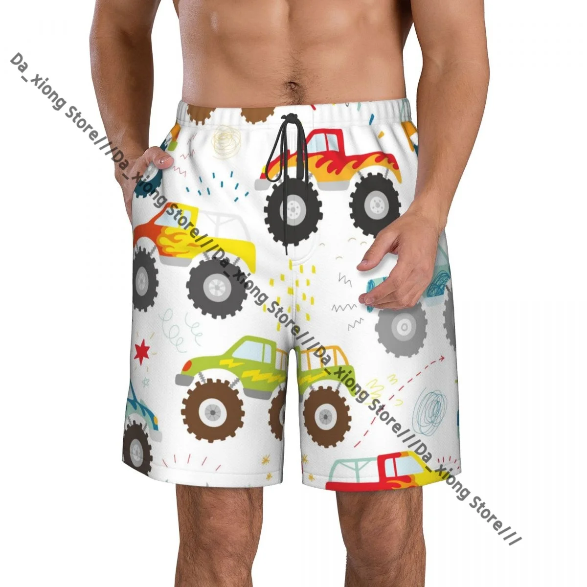 Men Beach Short Quick-drying Swimming Trunk Kids Doodle Monster Truck Swimwear Swimsuit Bathing Shorts