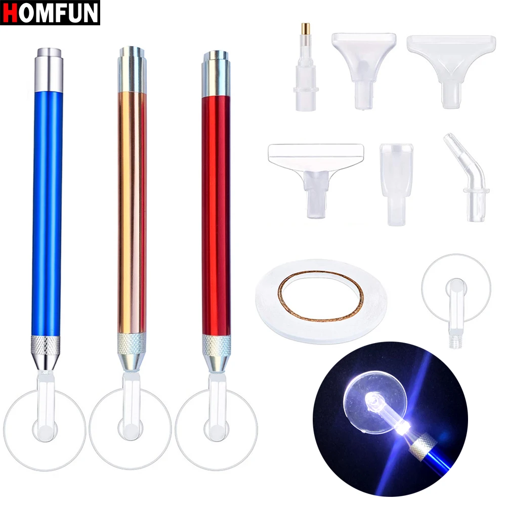 HOMFUN Lighting Scroll Wheel Point Drill Pen With 8pcs Accessories Diamond Painting Tool Roller Scroll Pens 5D Embroidery Gift