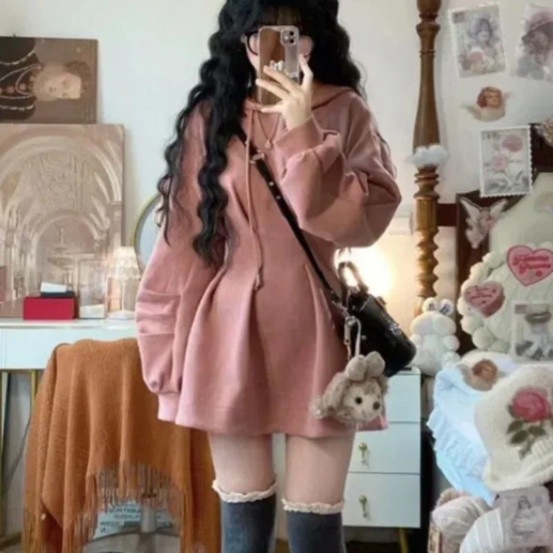 

Autumn Winter Y2k Long Sleeve Midi Hoodies Dress Women Japan Fashion 2000s Aesthetic Tunic Frocks Solid One-Piece Dress 2025