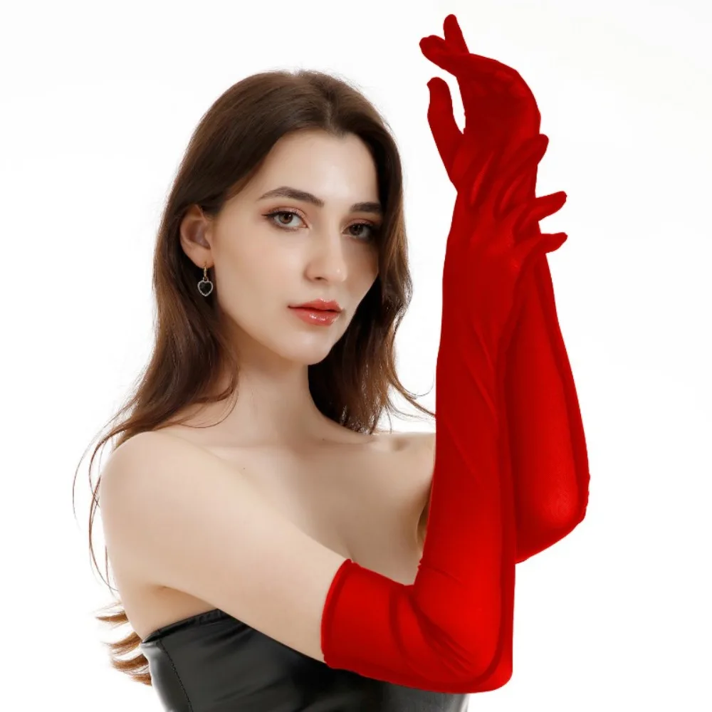 Gants de Protection solaire en maille élastique étendue de 55cm, pour spectacle de danse, mariée, gants fins et Sexy en soie noire