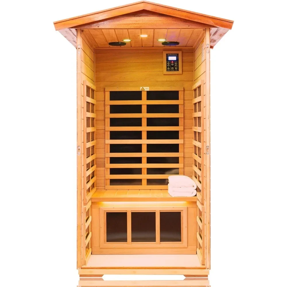 Mahogany Sauna 1 Person, Low EMF Far Infrared Sauna for Home, Withstand Outdoor Temp -10℉-149℉, Bluetooth Speaker