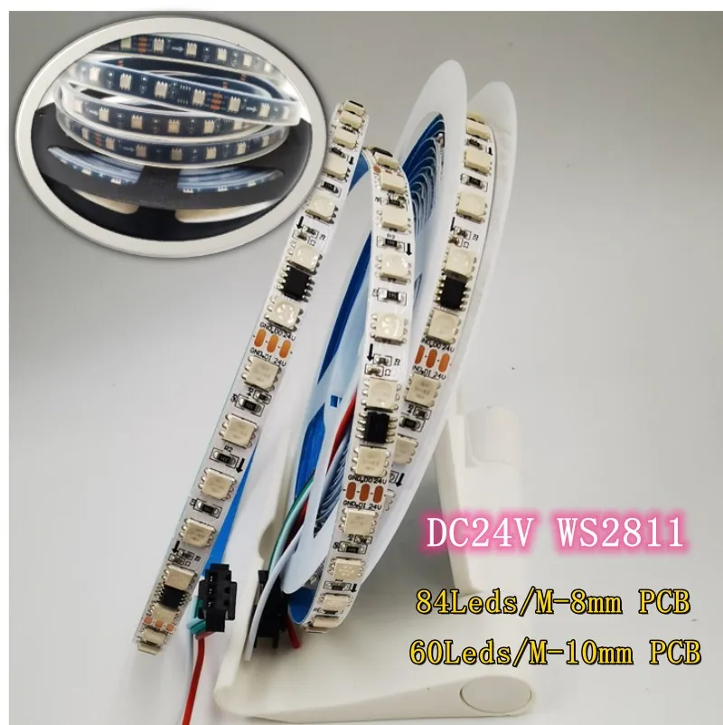 

DC24V WS2811 Pixel LED Strip 5050 RGB 60/84 Leds/m 8mm 10mm PCB Addressable Black White PCB Waterproof Flexible Ribbon 5M