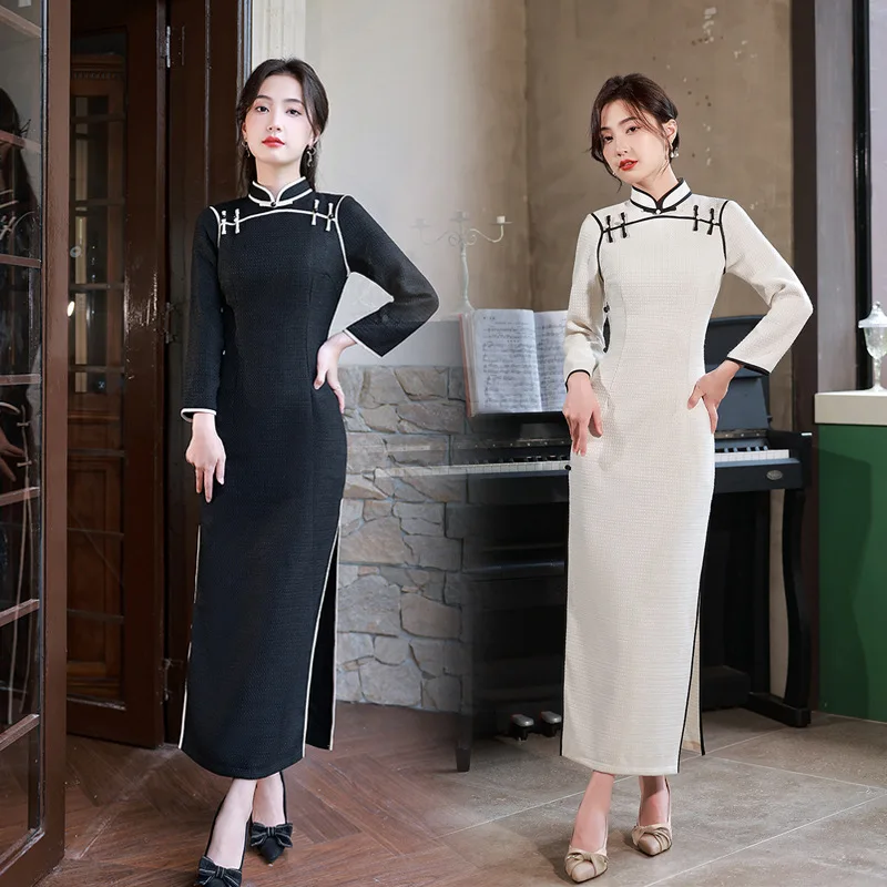 

Spring Fashion Retro Full Sleeve Qipao Mandarin Collar Hight Split Cheongsam Chinese Women Dress