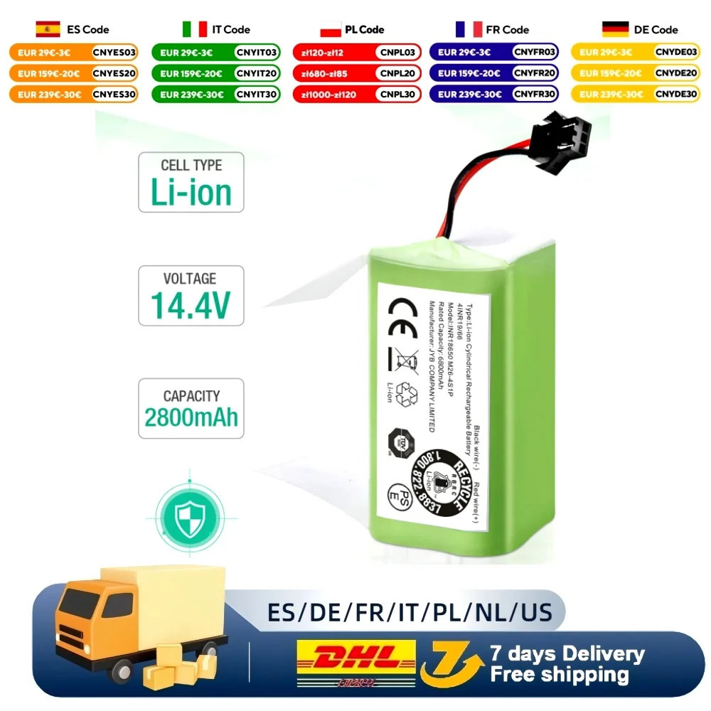 Original 14.4V 2600mAh Replacement Battery for Conga Excellent 990 1090 1790 1990 Deebot N79S N79 DN622 Robovac 11 Tesvor X500