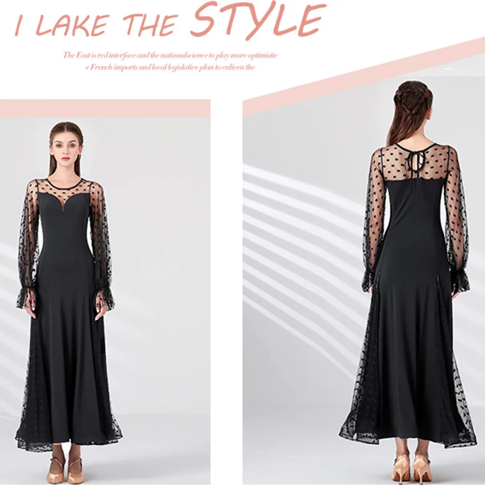 경쟁을위한 섹시한 왈츠 볼룸 드레스 라운드 넥 플라멩코 스커트 표준 댄스 드레스 경쟁 블랙 랜턴 슬리브 사용