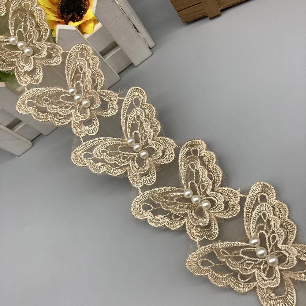 1Yard 3D 2 strati farfalla pizzo fiori colorati perla pizzo ricamato tessuto nastro abito da sposa artigianale cucito a mano