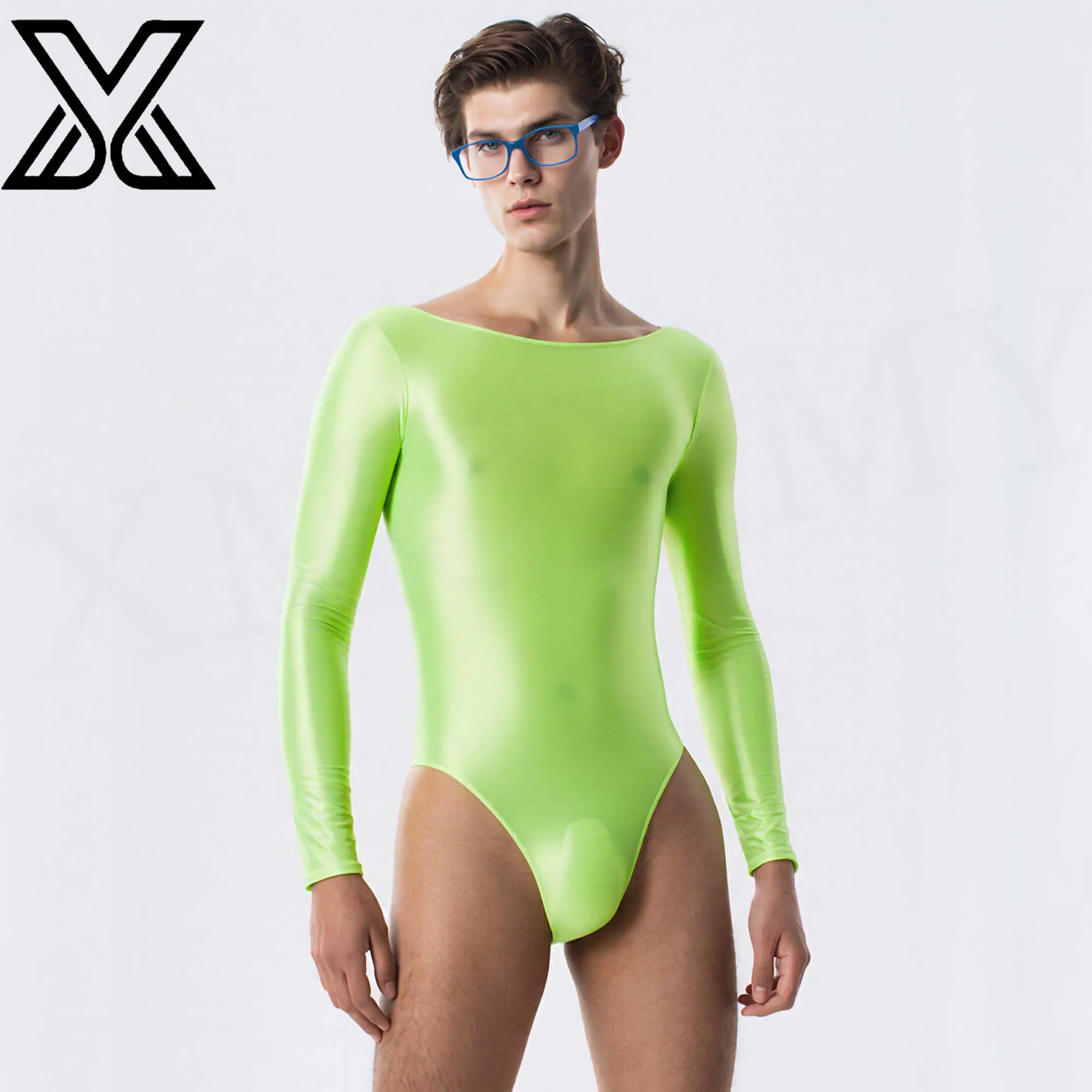 XMJXMY Men's sexy metallic glossy one-piece swimsuit with low back and long sleeves, suitable for beach wear and performances