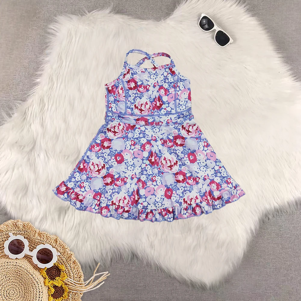 

8.14 Wholesale Hot Sale western boutique kids children Baby Girls Lavender Strap Colorful Floral Yoga Ruffle Knee Length Dresses