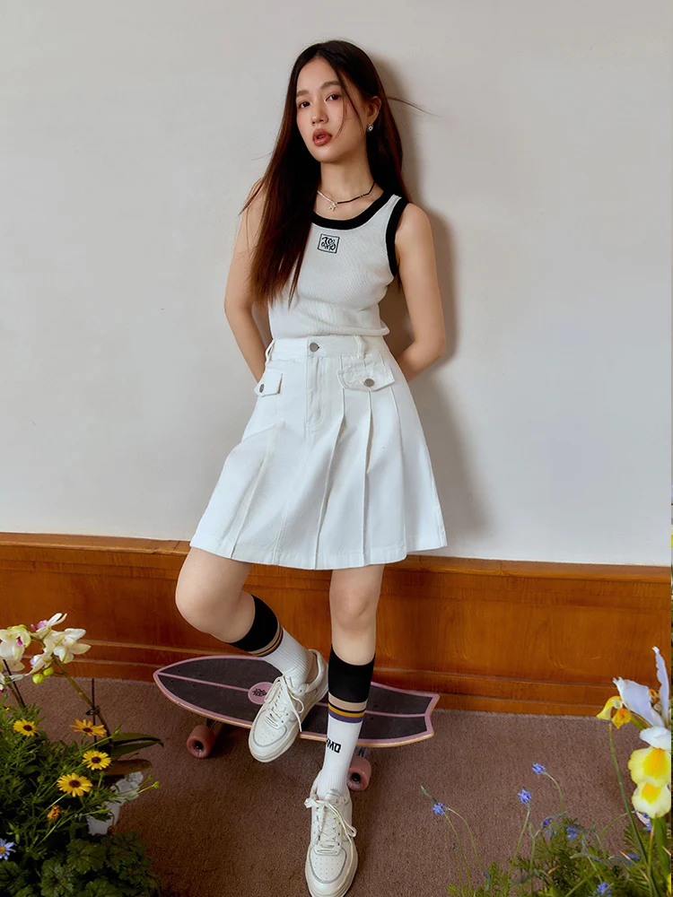 DUSHU Retro American Style Pleated Split High Waist Denim Skirt for Women Summer New Design A-Line Umbrella Skirt Female