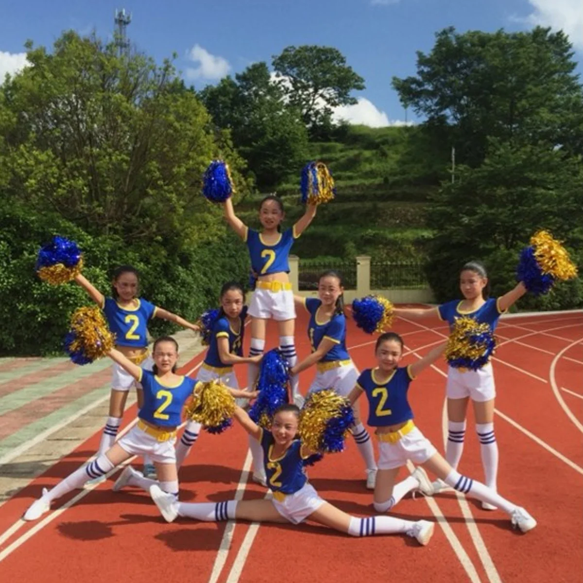 

12Pcs Hand-Shake Pom Poms Plastic Ring Lightweight Glossy Colors Cheerleader Straight Handle Competition Events