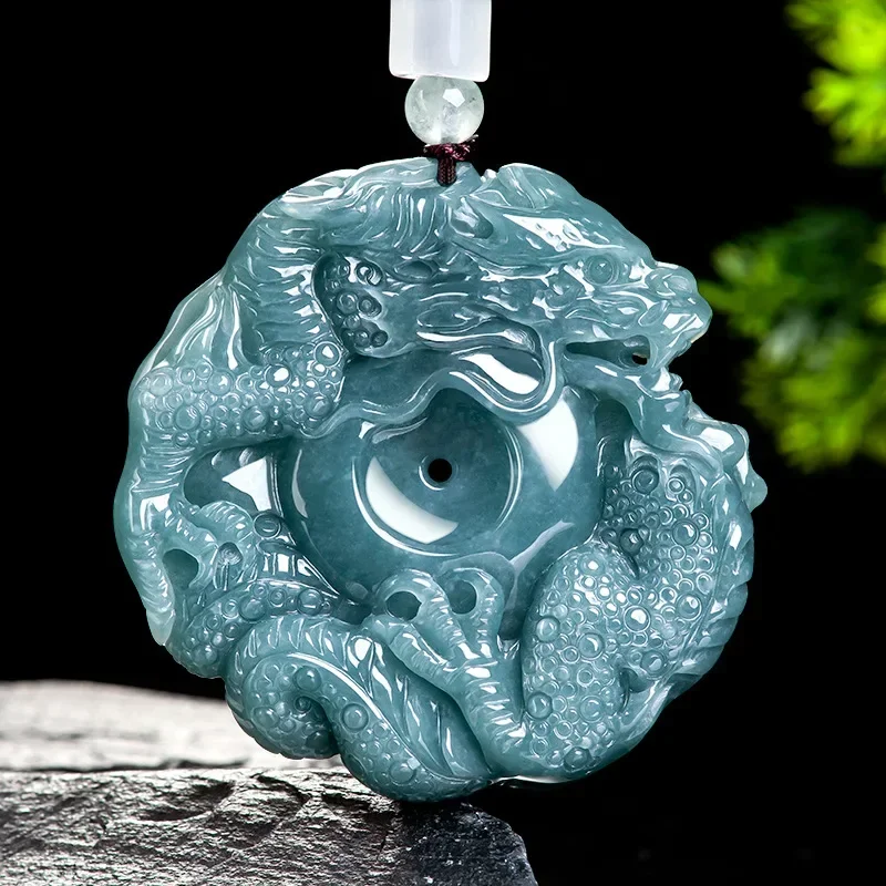 

Jia le/ Hand-carved/ Natural Jade Blue Water Ping An Dragon King Necklace Pendant Fashion Accessories Men's Women's Amulet Gifts