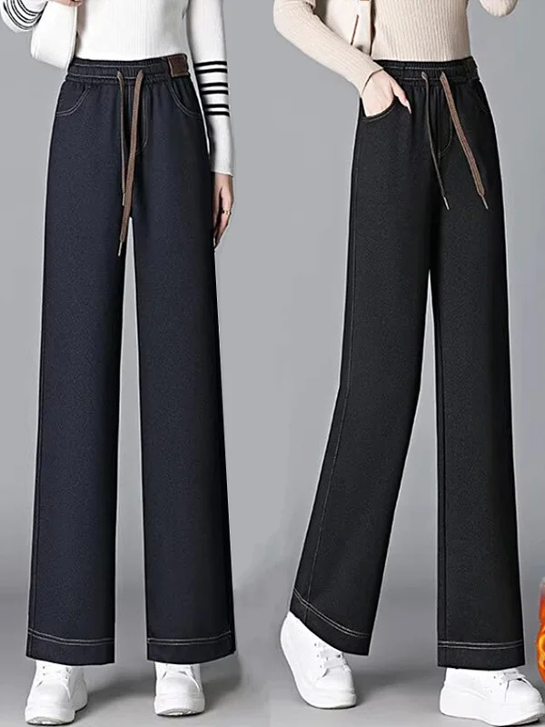 Retro Fce gevoerde nep-denim broek met wijde pijpen Rechte casual broek Hoge taille Elastisch polyestervezel Dames Faion