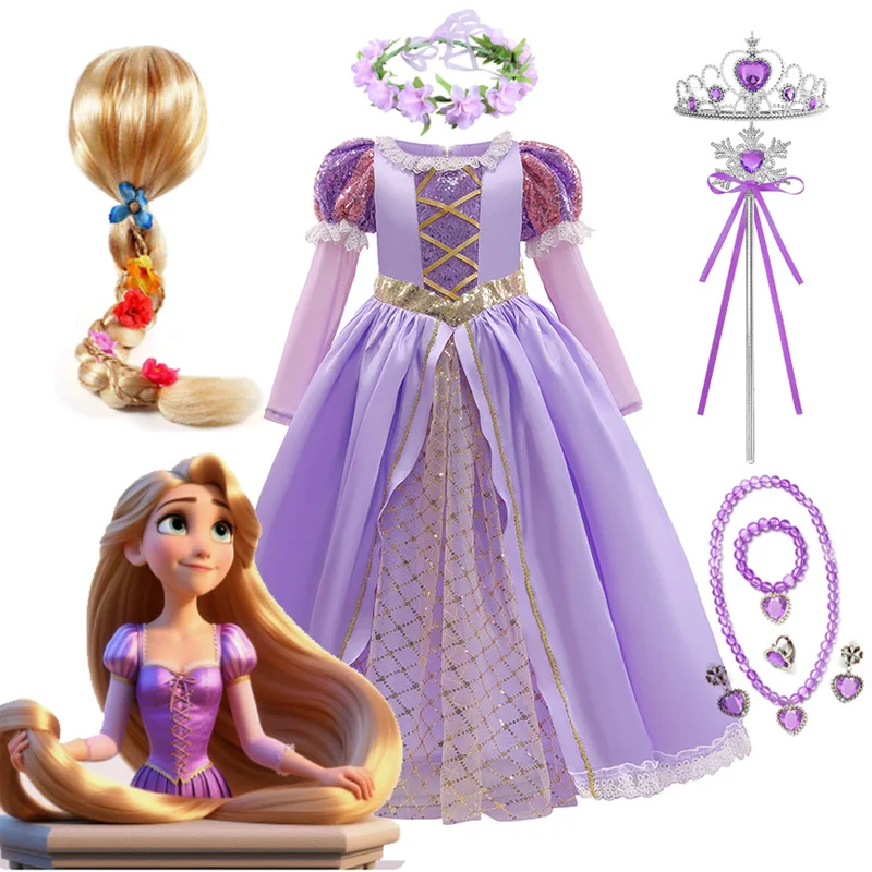 Gaun Putri Rapunzel anak perempuan, kostum Halloween Cosplay Tangled, hadiah pesta ulang tahun, pakaian jala payet ungu