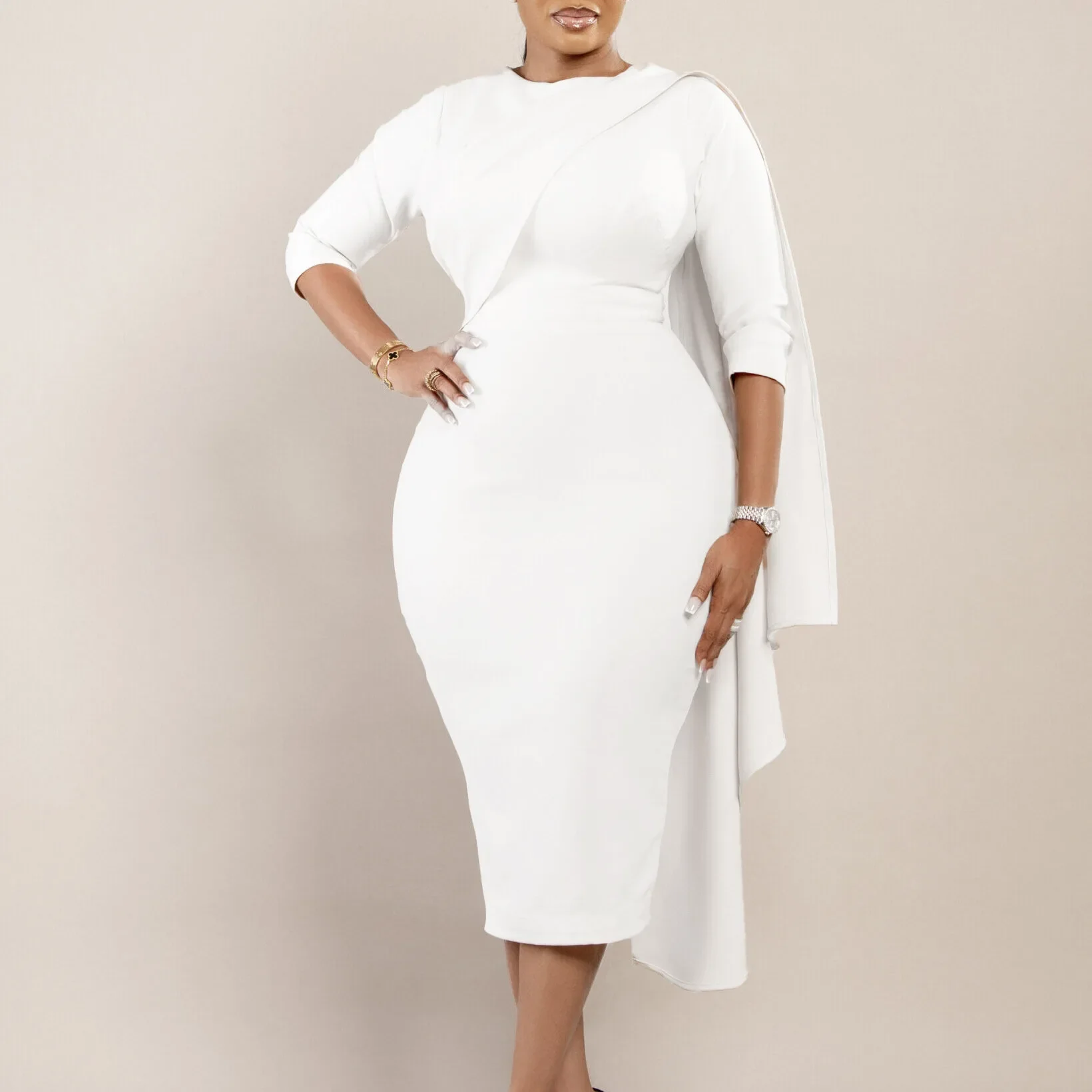 

Elegant Bodycon Dress Women Sexy Dresses White Round Neck Sleeveless Slim Sheath Pleated High Waist Hip Wrap Mid Length Vestidos