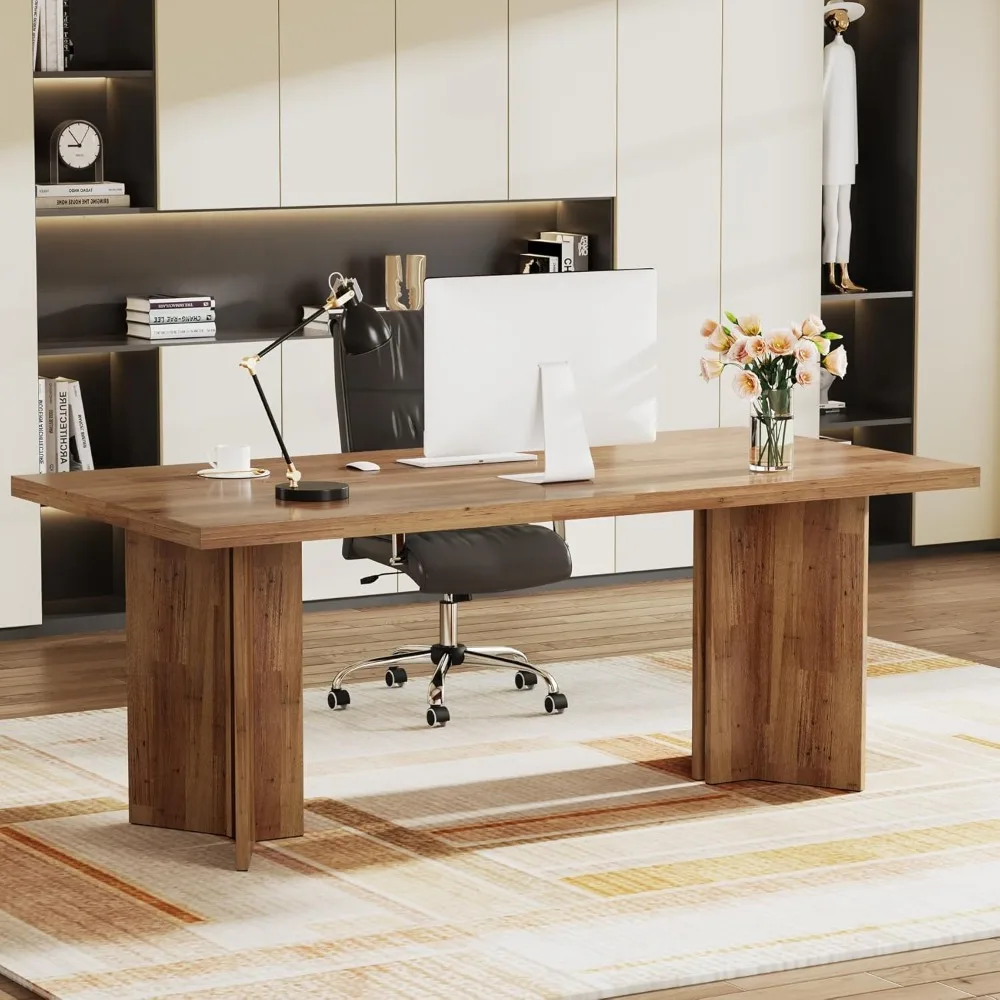 

63-inch Executive Desk, Vintage Home Office Computer Desk with Large Tabletop, Farmhouse Wood Writing Conference Table Workstat