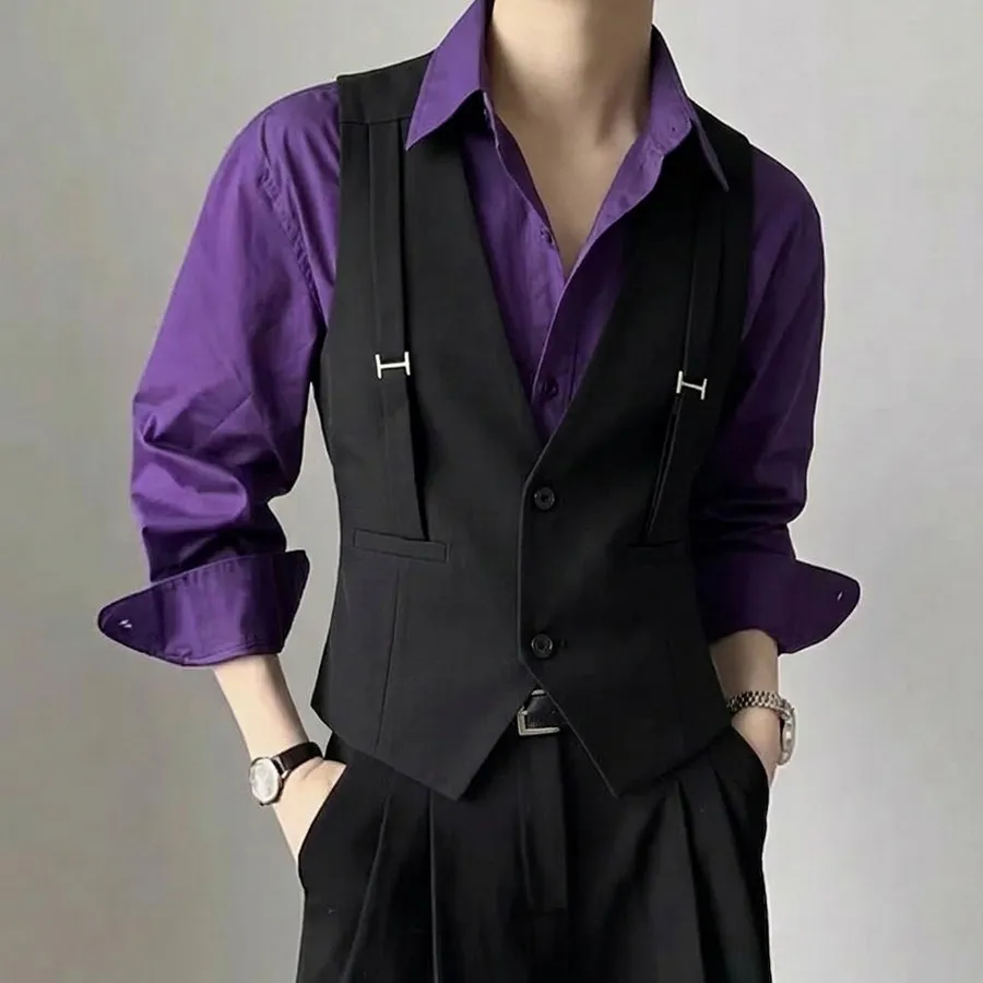 

Мужской жилет в британском стиле с декоративными лямками, V-образным вырезом, для повседневного и делового образа, для вечеринок, униформа официанта, свадебный жилет