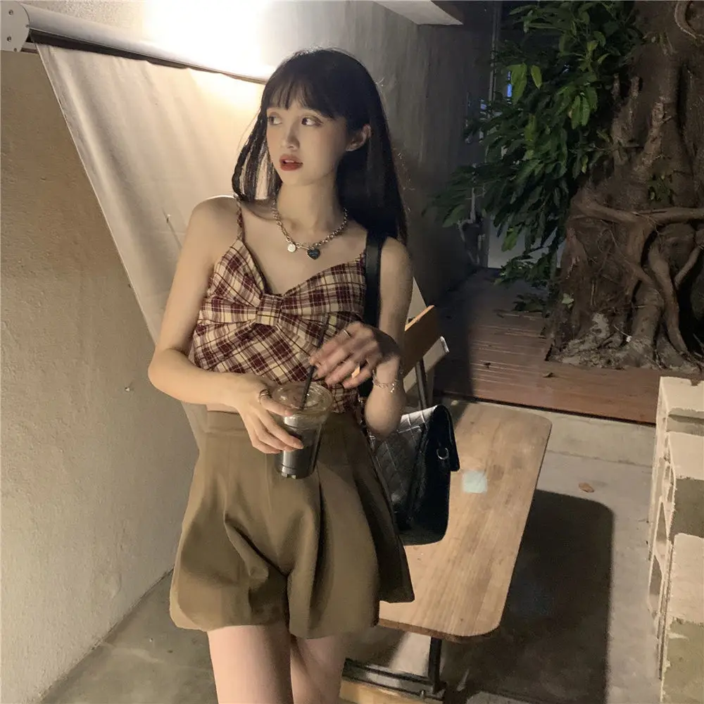 Zestawy damskie Sweet Plaid Camis Design Bow Sleeveless Crop Tops Pleated Shorts Trendy Sexy Ulzzang Chic Two Pieces for Summer Mujer