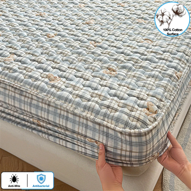 100% Cotton Surface Quilted Mattress Protector, Anti-Mite Antibacterial Fitted Mattress Cover, Soft Breathable Snug Non-Slip