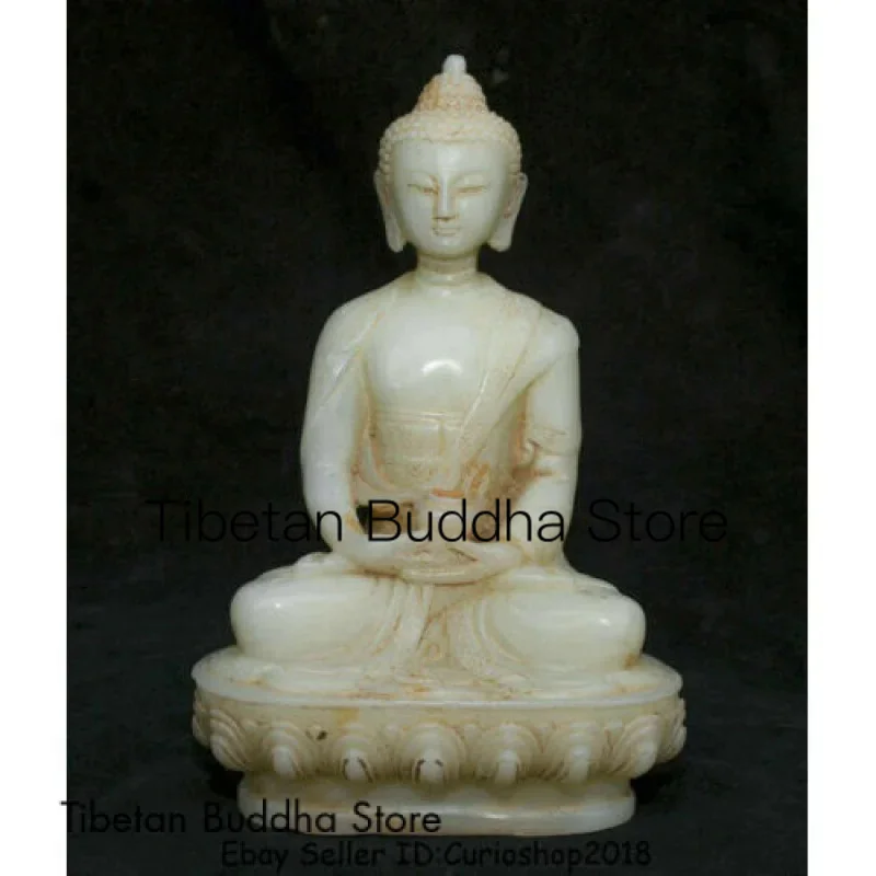 

8" Old Natural White Jade Carving Tibet Shakyamuni Amitabha Buddha Lotus Statue