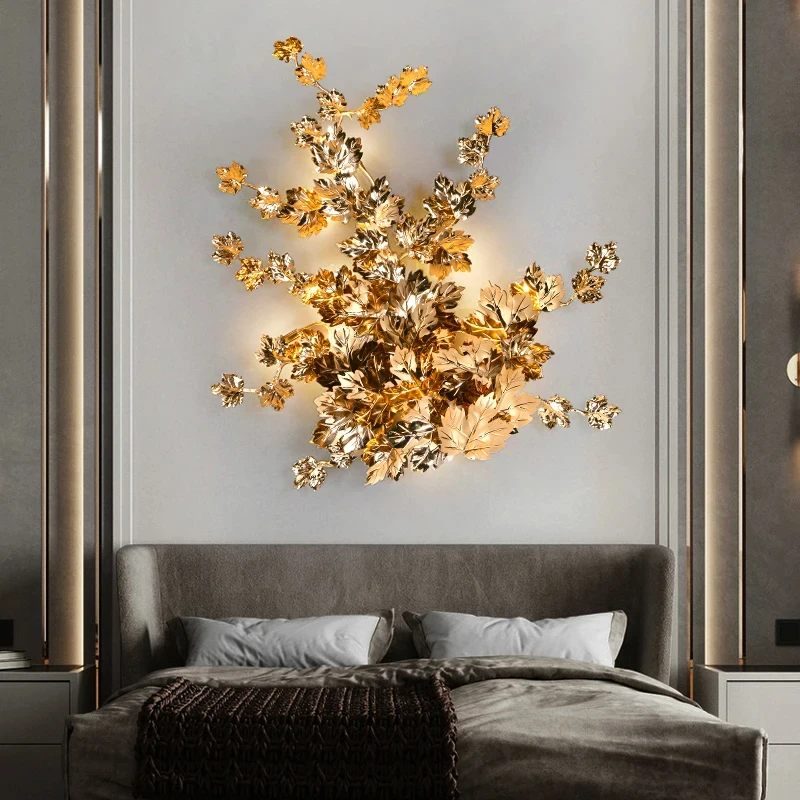 Creative Modern All Copper Light Luxury Wall Lamp Personality Maple Leaf Living Room Bedroom Wall LampS Soft Background Wall NEW