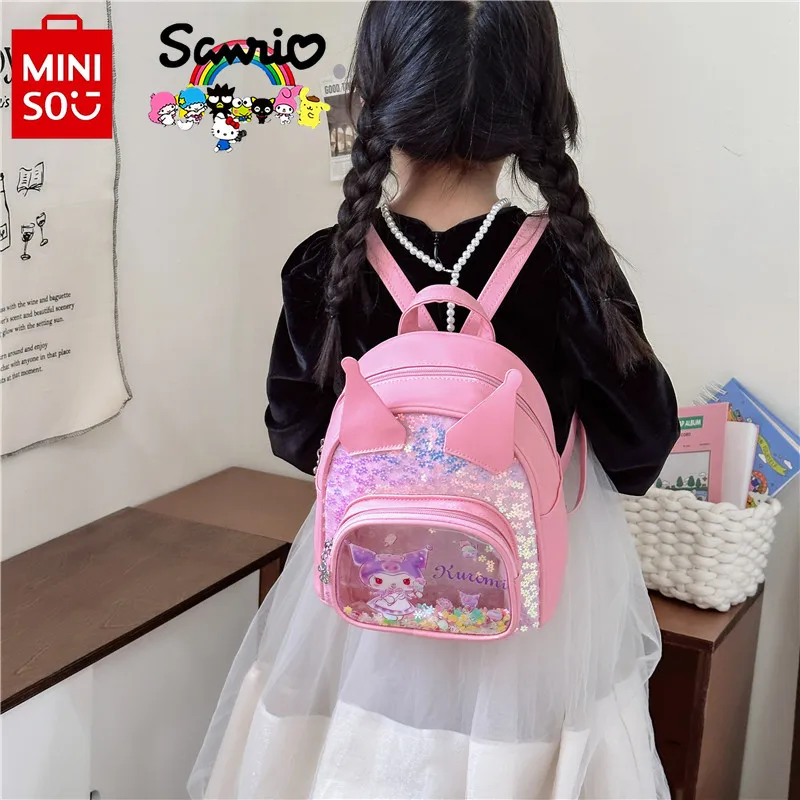 Miniso Kuromi tas punggung anak perempuan, tas buku penyimpan multifungsi kartun payet modis kualitas tinggi