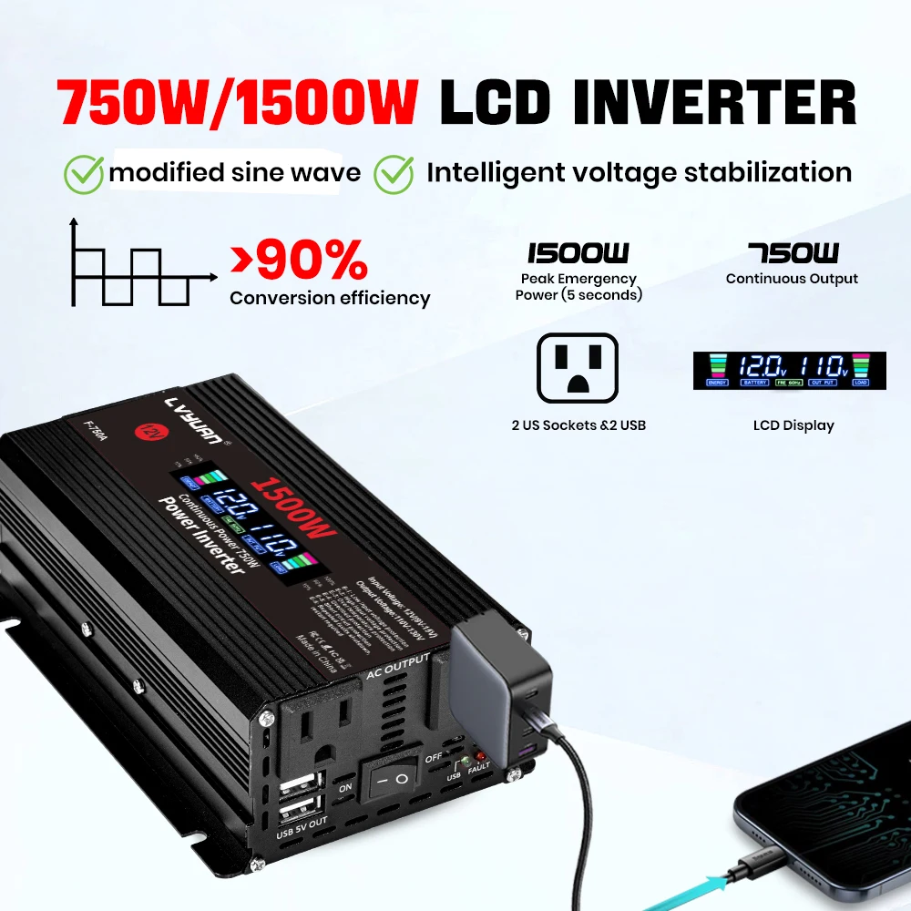 

1500W/2000W/2600W Car Voltage Converter DC 12V AC 120V Power Inverter LCD Dislplay US Socket 60Hz USB Charge Phone RV Home