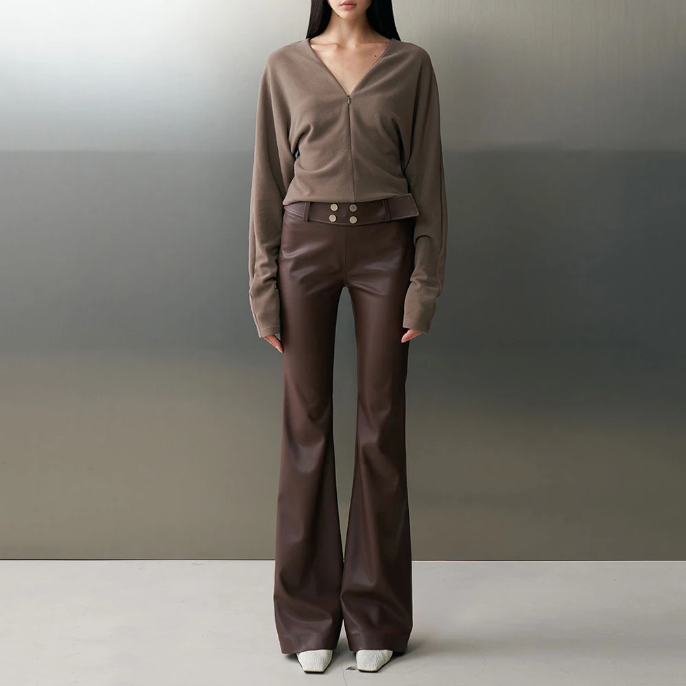 TWOTWINSTYLE Solid Spliced Sashes Chic Leather Trousers Female High Waist Slimming Streetwear Women's Pants Autumn New Fashion