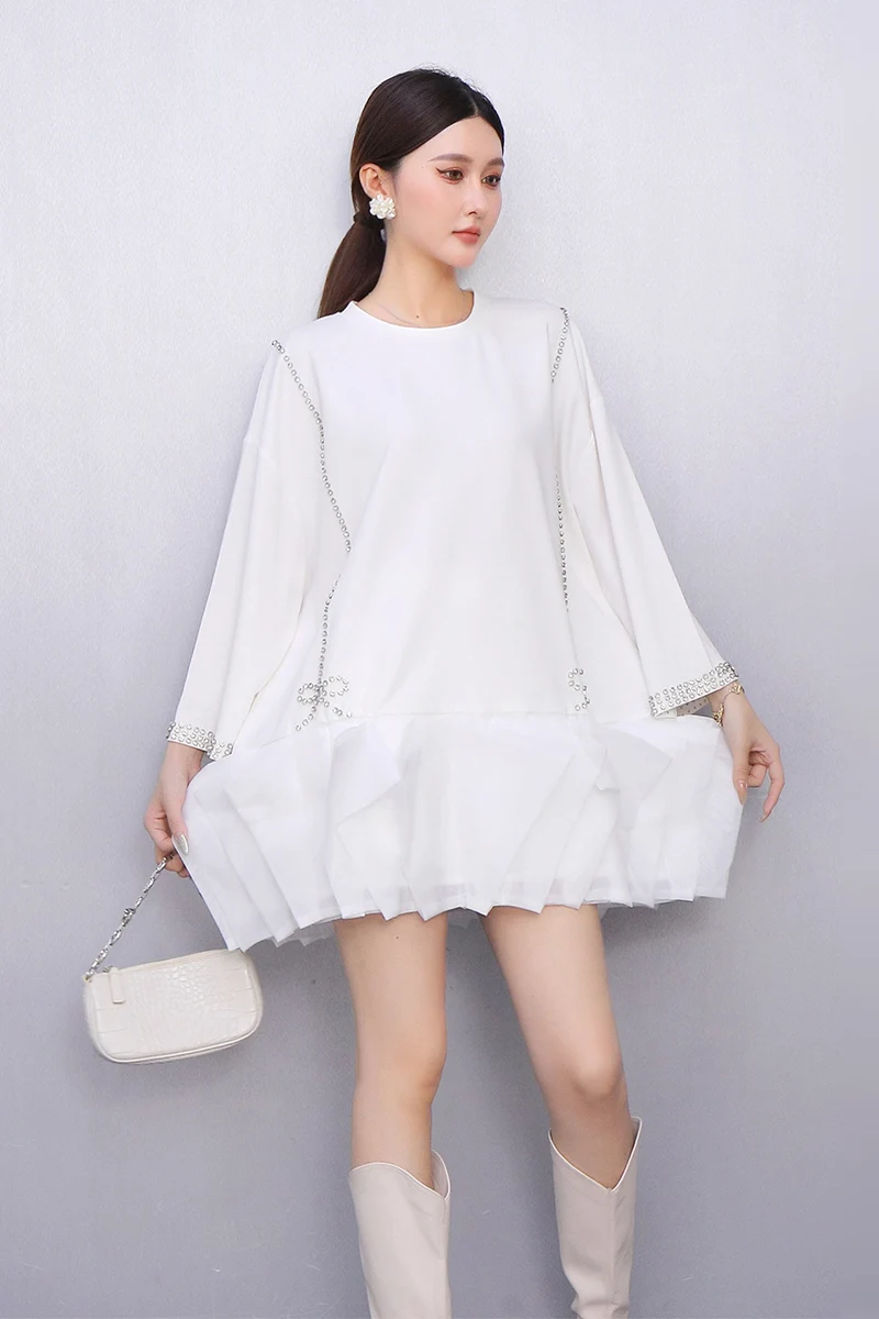 2025 autunno nuove donne eleganti allentate O collo T-shirt abiti corti abito femminile a maniche lunghe all'ingrosso J2032