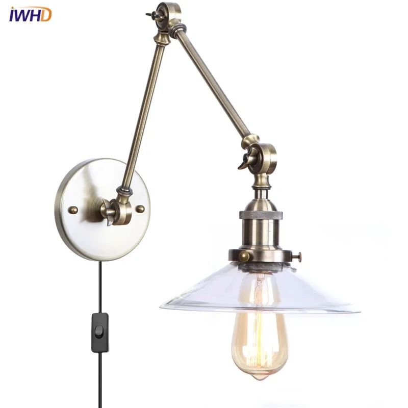 IWHD Industrial LED Wall Light Plug In Hotel Dining Room Bedside Lamp Clear Glass Vintage Adjustable Long Arm Lights Fixtures