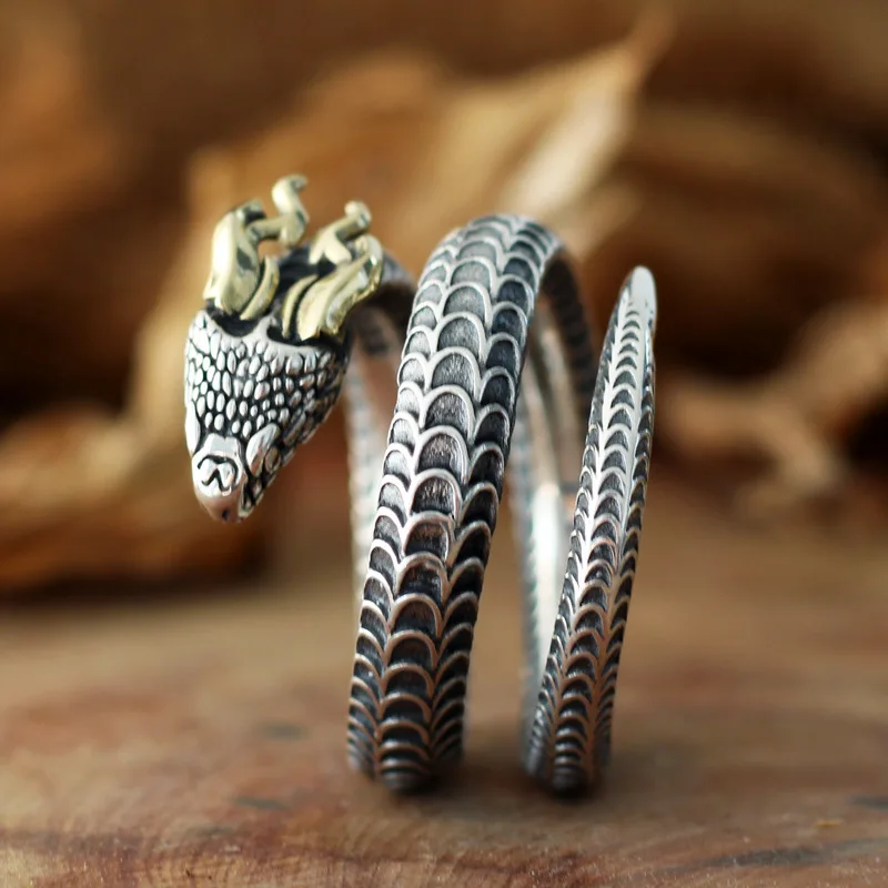 Buyee 925 Sterling Silver Male Unique Ring Finger Horned snake Animal Open Ring for Men Fashion Punk Fine Jewelry Circle Gift - Image 4