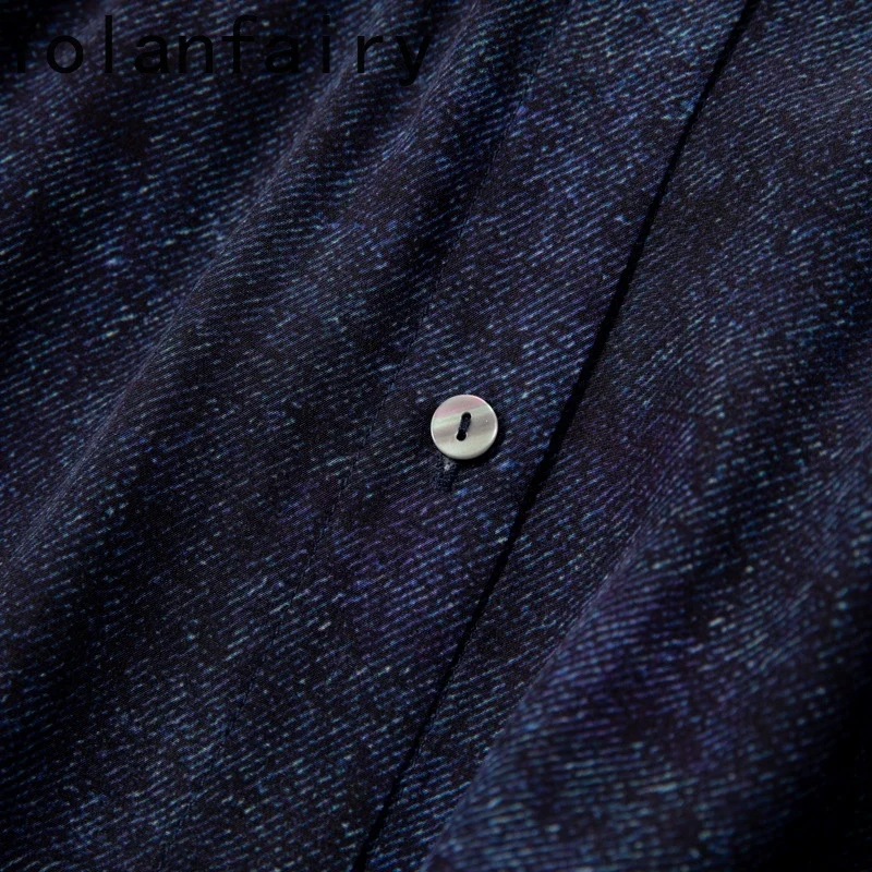 YOLANFAIRY 100% Pure Mulberry Silk Dresses 2025 Woman Fashion Denim Printed Short-sleeved Dress Lace-up Office Wear Long Dresses