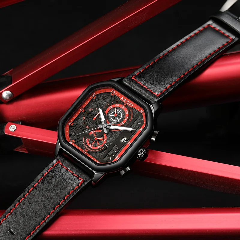 Megir 8106 esportes relógios de quartzo para homem calendário luminoso cronógrafo casual pulseira de couro à prova dwaterproof água moda relógio masculino