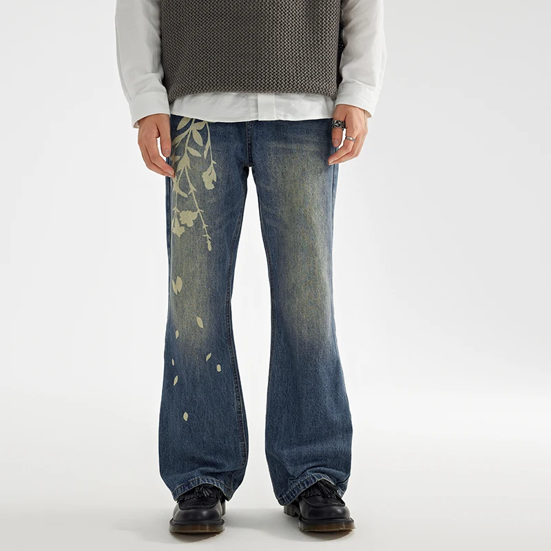 

JK9401 Micro denim jeans men's tide printed retro loose straight show leg long trousers couple models