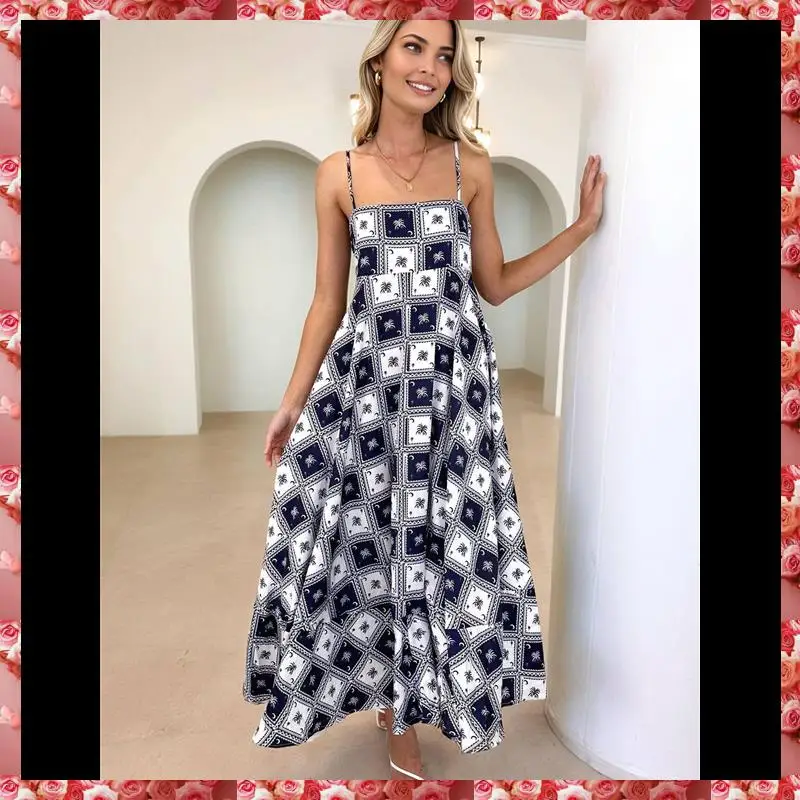 Women Graphic Maxi Dress Spaghetti Strap Floral Boho Long Dress Flowy Summer Holiday Beach Dress