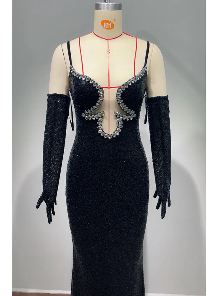 Sexy V Neck Beading Sequins Black Maxi Long Women Celebrity Dress 2024 Elegant Party Evening Stage Performance Vestido