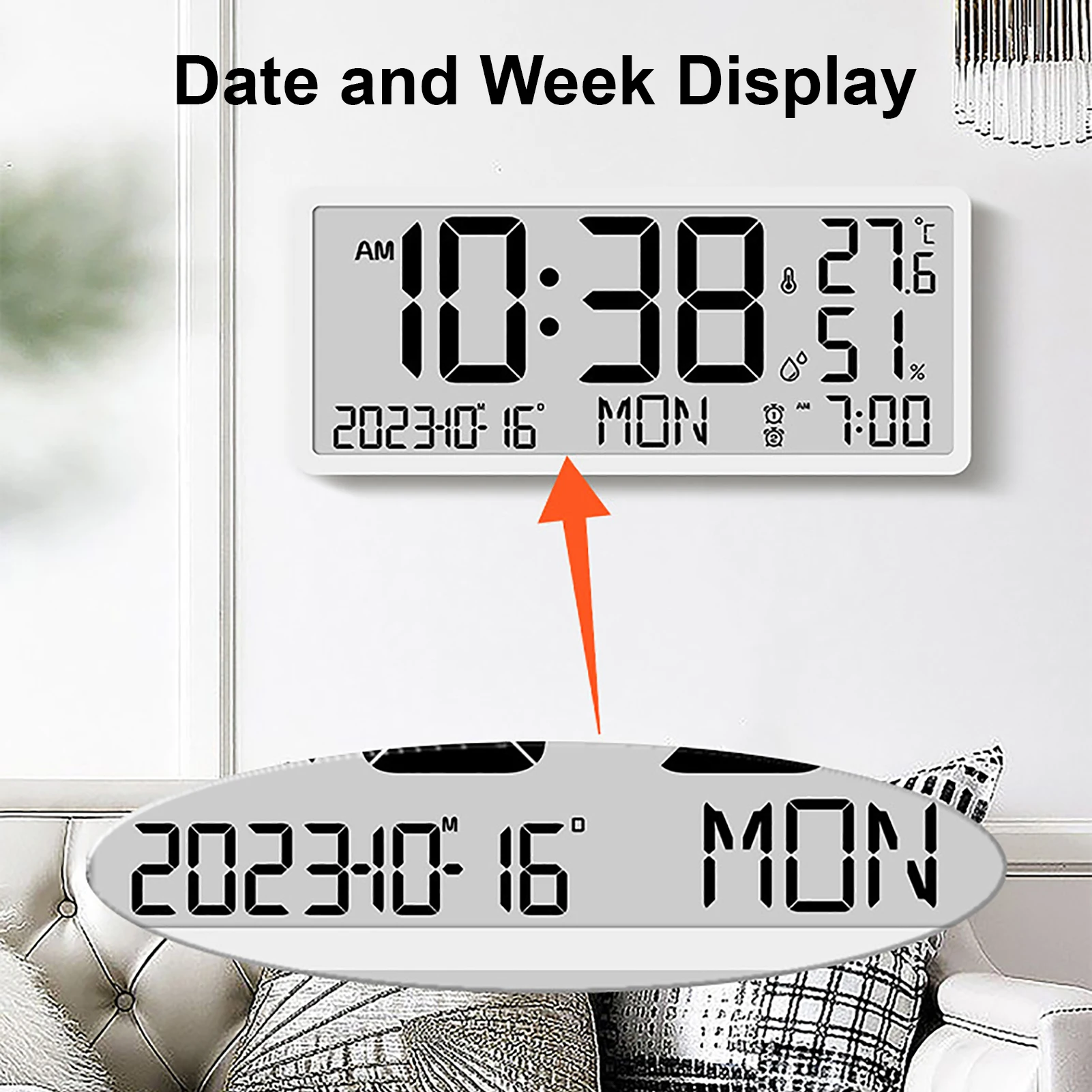 Large Digital Wall Clock Temp Humidity Date Week Display Table Clock Sitting And Hanging Dual Use Stylish Electronic Alarm Clock