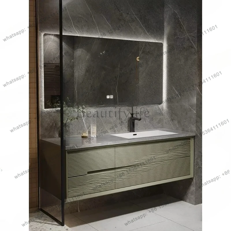 Light luxury rock slab seamless ceramic basin solid wood bathroom cabinet combination wash washbasin bathroom