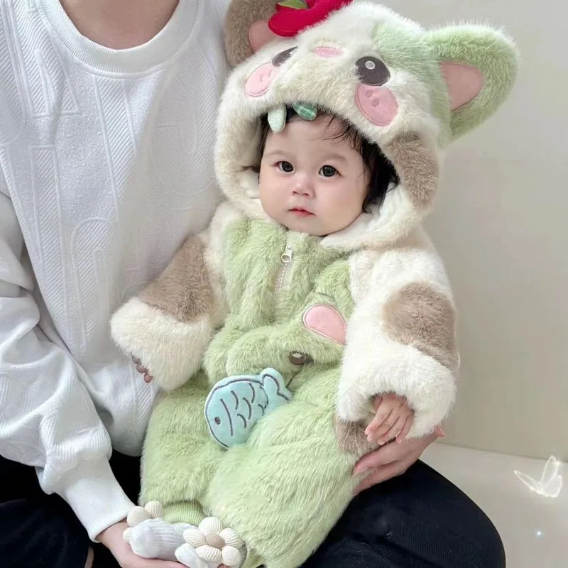 

Baby Winter Bear Hooded Romper Thicken Fleece Warm Heart Flannel Toddler Girl Jumpsuits Infant Boy Bodysuit For Newborn Clothes
