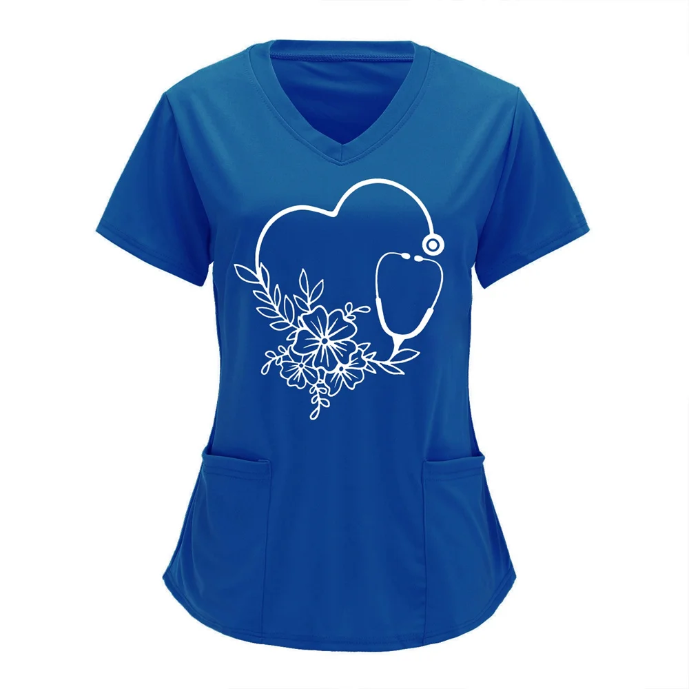 Summer Women's Clothing With Stethoscope Pattern Short Sleeved V-Neck Fashion Frosted Tops Uniform Short Sleeve Doctor Nurse New image 3