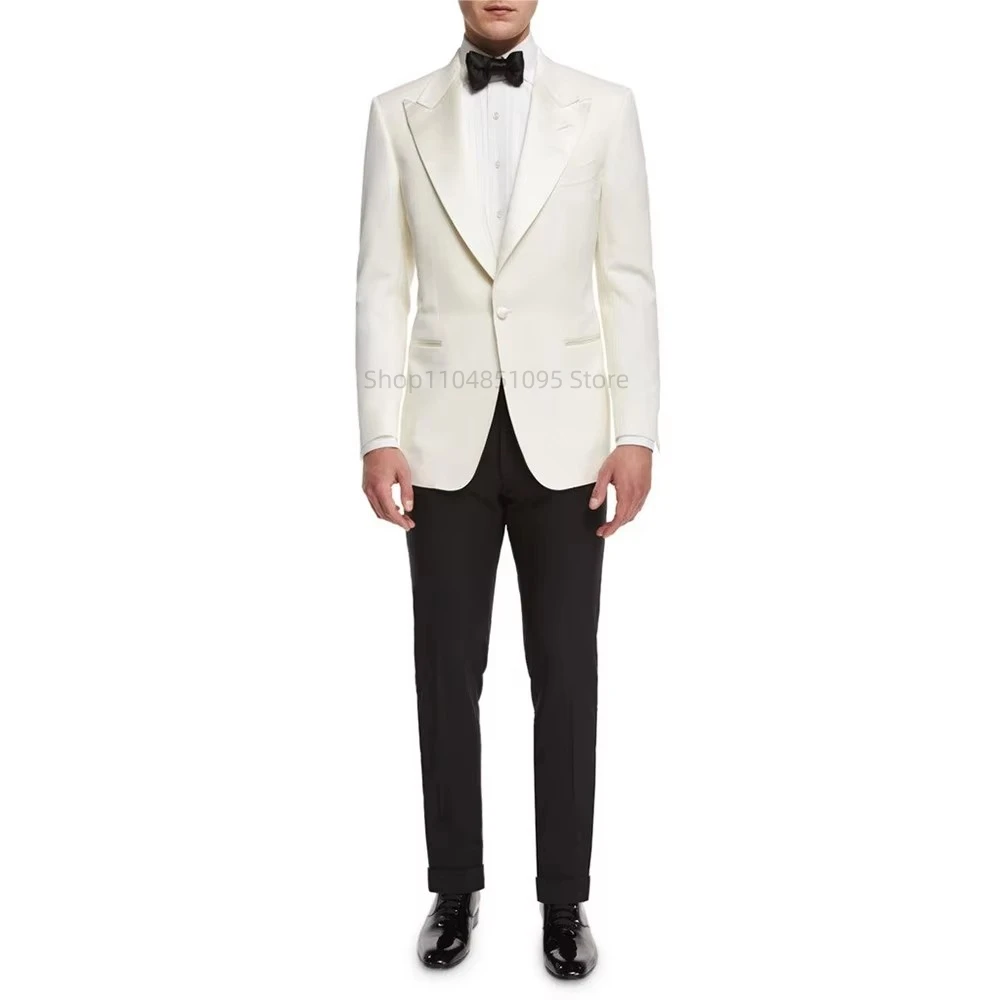 Elegant Slim Fit Ivory Men Suit 2 Piece Prom Party Dinner Tuxedos Wedding Business Suit Shawl Lapel One Button Blazer With Pants